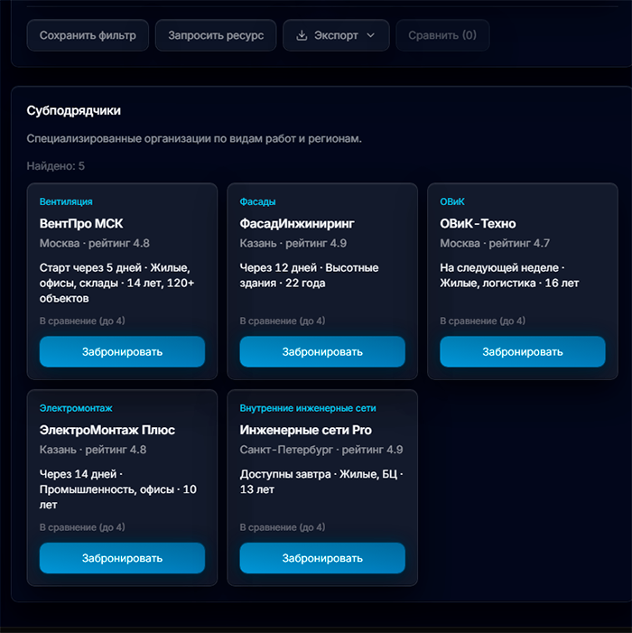 Интерфейс: каталог субподрядчиков и резервы